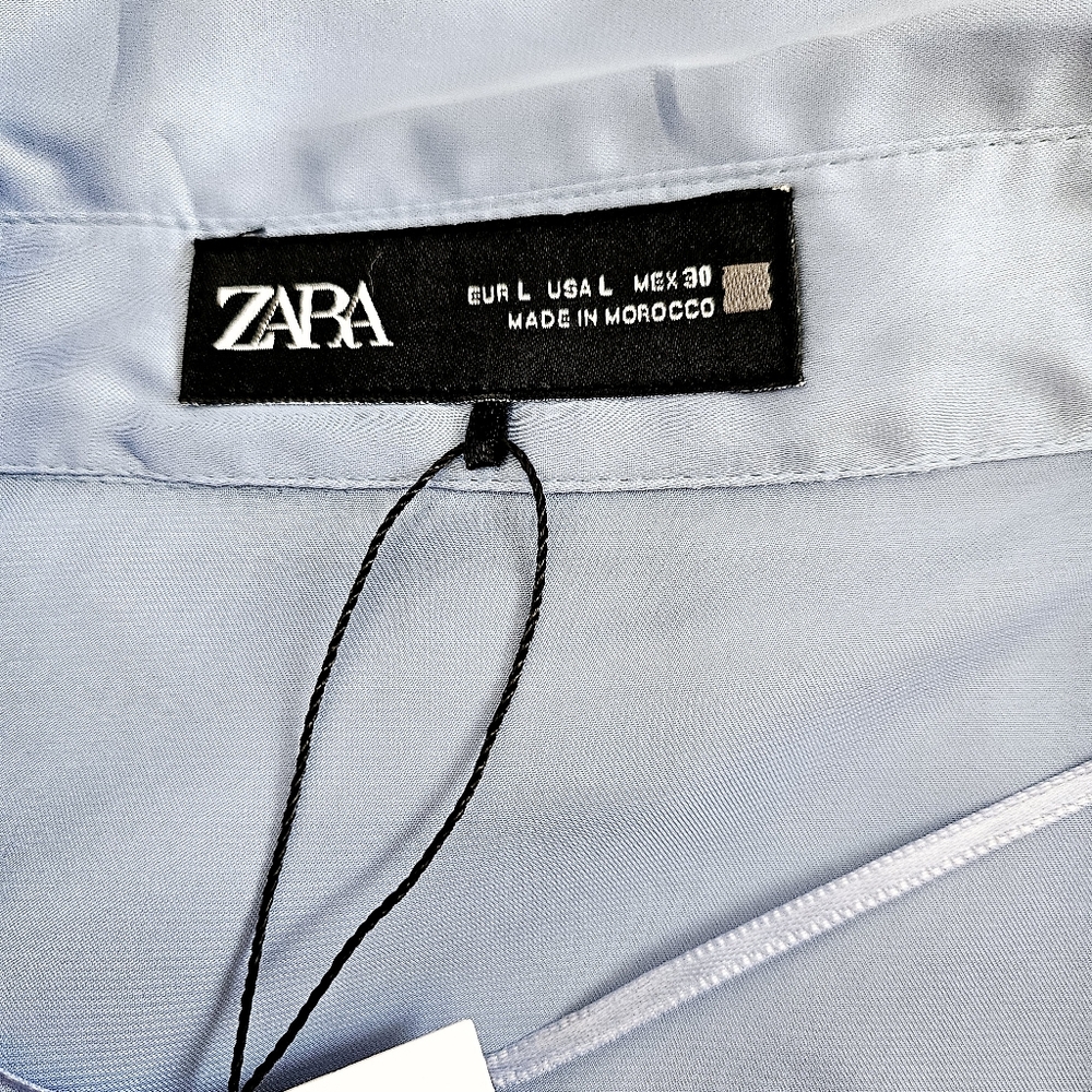 🆕️Zara Satin Sky Blue Button-Up Blouse SZ Large - Picture 8 of 12